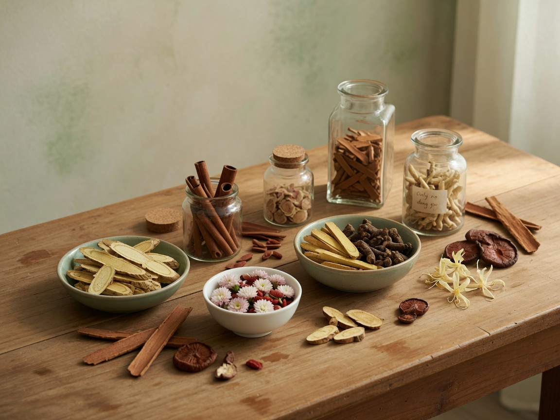 Traditional Chinese medicinal herbs arranged in ceramic bowls and glass jars