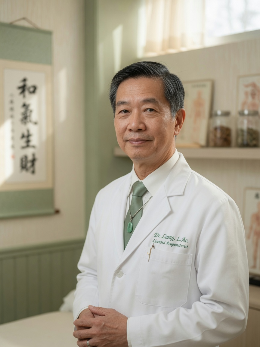 Professional portrait of an acupuncturist in a calm clinic setting (replace with Dr. Liu official photo)